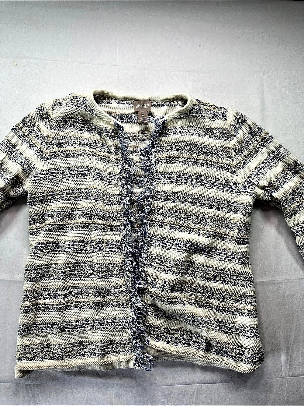 Chico's Striped Cotton Cardigan in Cream & Blue Size 0